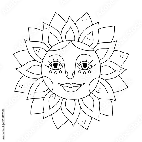 Sun with a face for Shrovetide. Hand drawn clip art for your project.