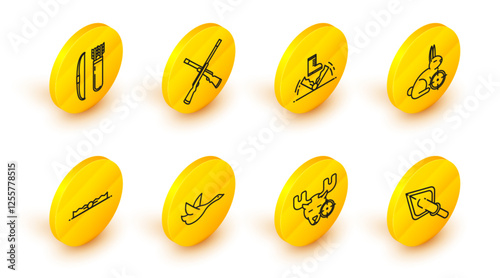 Set line Hipster arrow tip, Hunt on moose with crosshairs, Flying duck, Trap hunting, rabbit, Two crossed shotguns and Bow and quiver icon. Vector