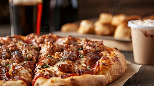 Wallpaper Mural A vibrant pizza filled with delicious sausage and herbs, perfect for family dining, evoking warmth and joy on every bite in a lively atmosphere. Torontodigital.ca