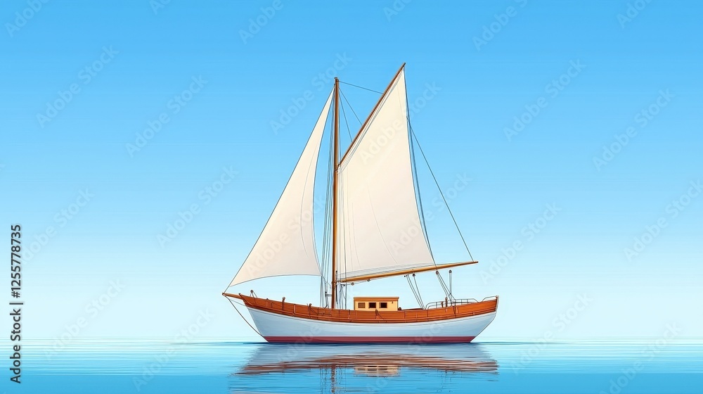 Fototapeta premium Classic Sailboat on Calm Water Under Clear Blue Sky with Reflection and Serenity