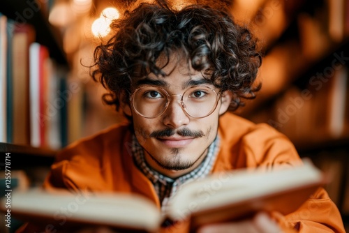 A student reading an introductory chapter of a textbook in a library photo