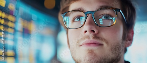Young man analyzes stock market data