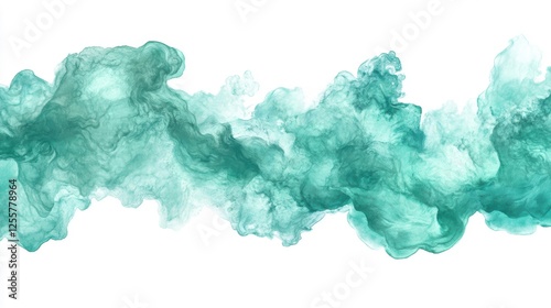 Abstract turquoise smoke swirl on white background for design projects.