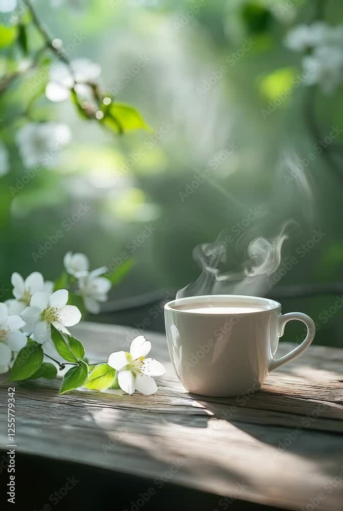 Steaming coffee cup on wooden table with spring cherry blossoms. Morning scene for Mother's Day, Women's Day, romantic dating. Vertical video Steaming coffee cup on wooden table with spring cherry blossoms. Morning scene for Mother's Day, Women's Day, romantic dating. Vertical video