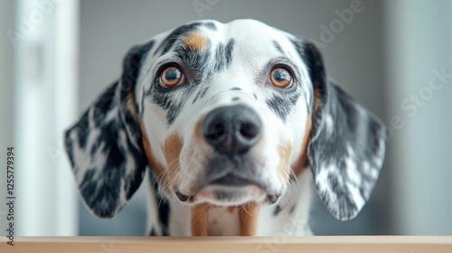 A captivating close-up of a dog with striking markings, showcasing expressive eyes and a thoughtful demeanor that evokes warmth and companionship in a cozy environment. photo