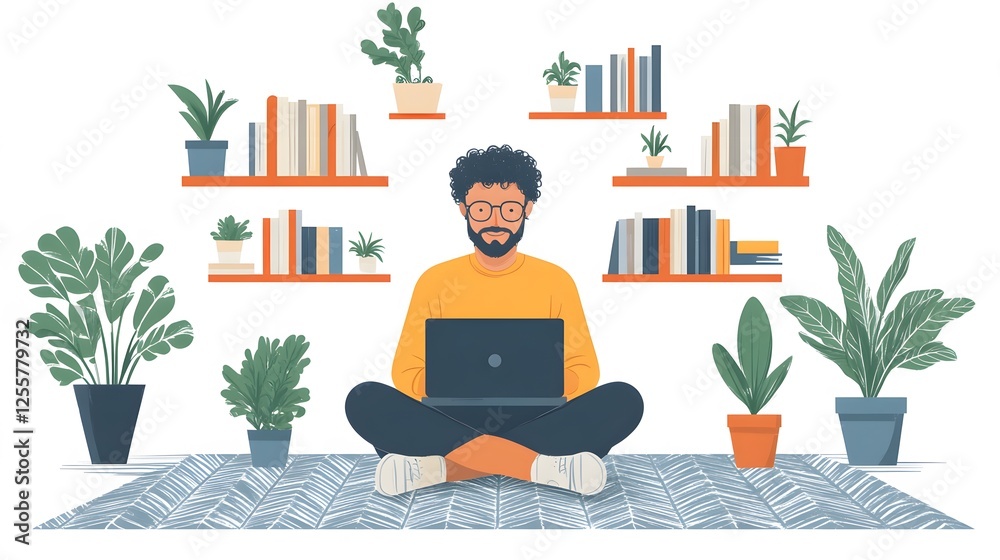 Fototapeta premium Executive enjoying a balanced work environment with laptop in a cozy, peaceful room, flat vector style