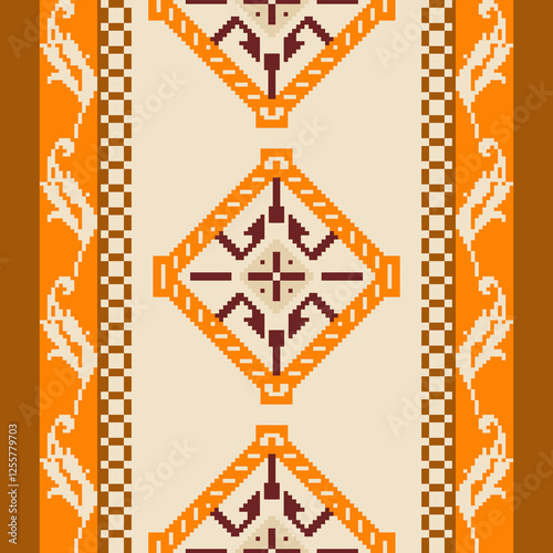 Pixel art floral and geometric pattern with decorative borders in orange and yellow tones on beige background. Ideal for fabric and wallpaper designs. photo