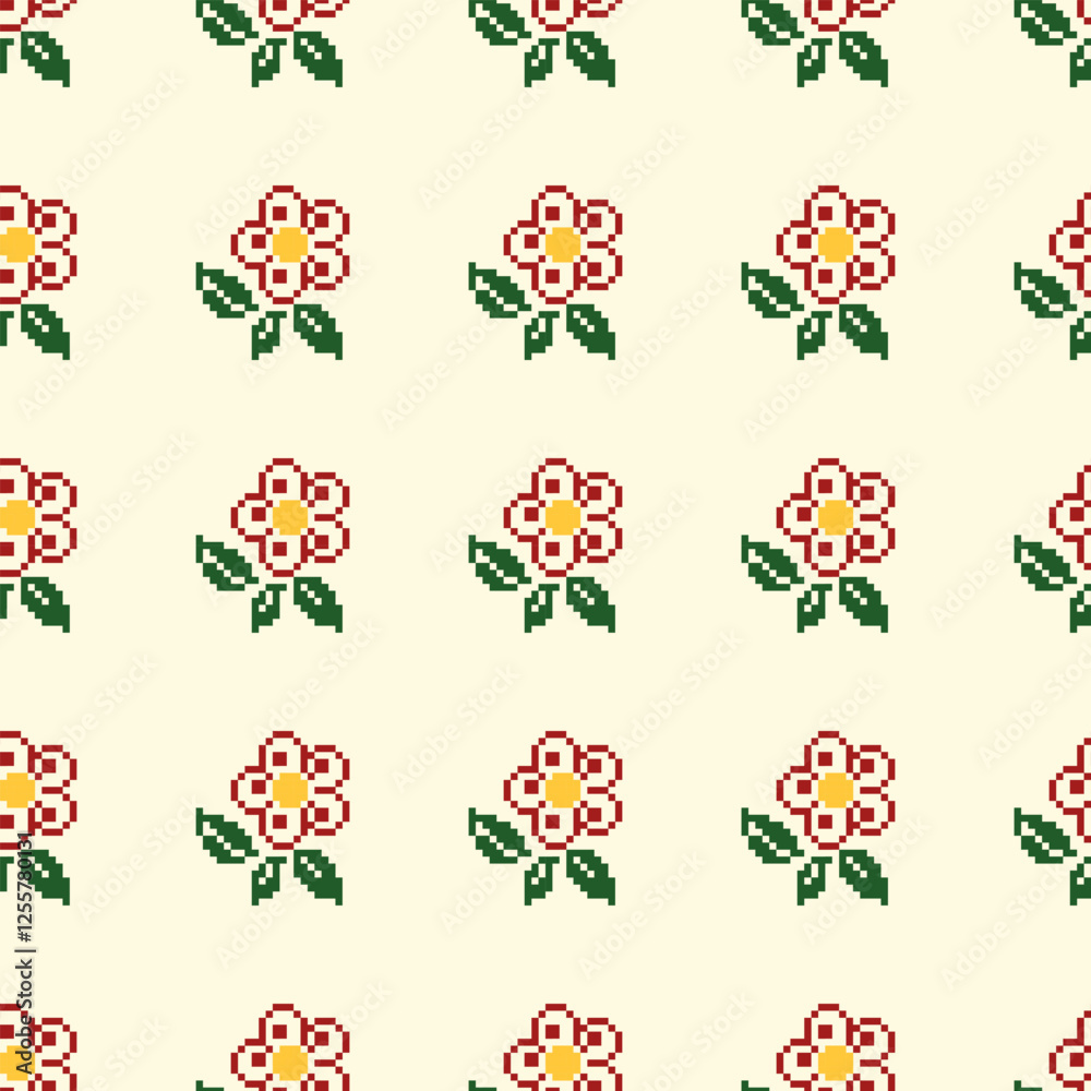 Pixel art floral and geometric pattern with decorative borders in orange and yellow tones on beige background. Ideal for fabric and wallpaper designs. Pixel art floral and geometric pattern with decorative borders in orange and yellow tones on beige background. Ideal for fabric and wallpaper designs.