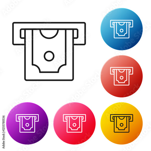 Black line ATM - Automated teller machine and money icon isolated on white background. Set icons colorful circle buttons. Vector