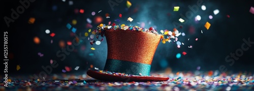 Сlown magician circus hat with shining confetti composition background