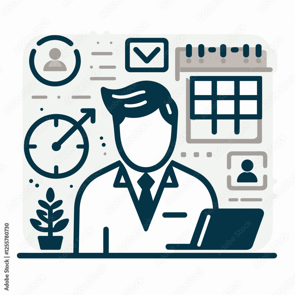 Professional man working on laptop, organized, with calendar and clock in office environment, copy space