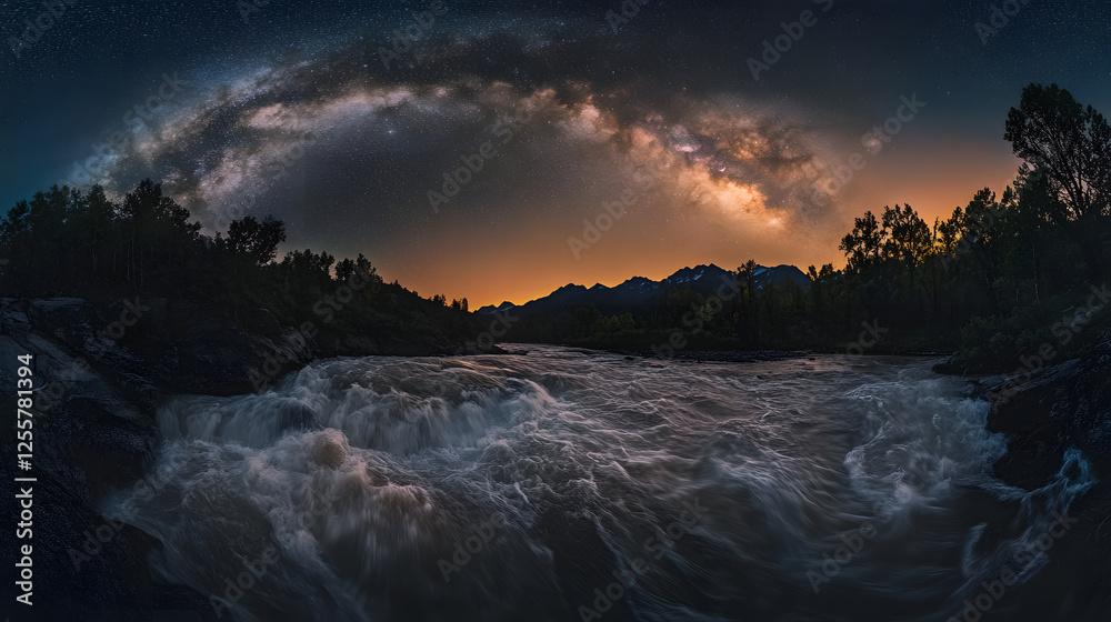 Fototapeta premium A dramatic photo of a rushing river under a starlit sky with the Milky Way visible above and soft ambient lighting from distant fires.