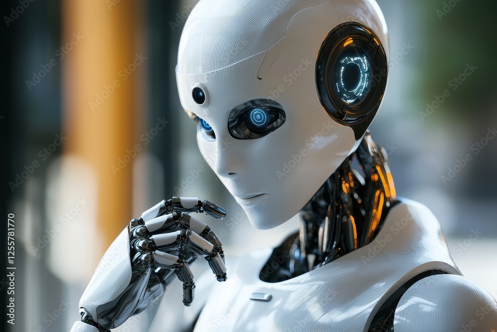 Fototapeta premium Futuristic Humanoid Robot with Sleek Design and Thoughtful Expression 