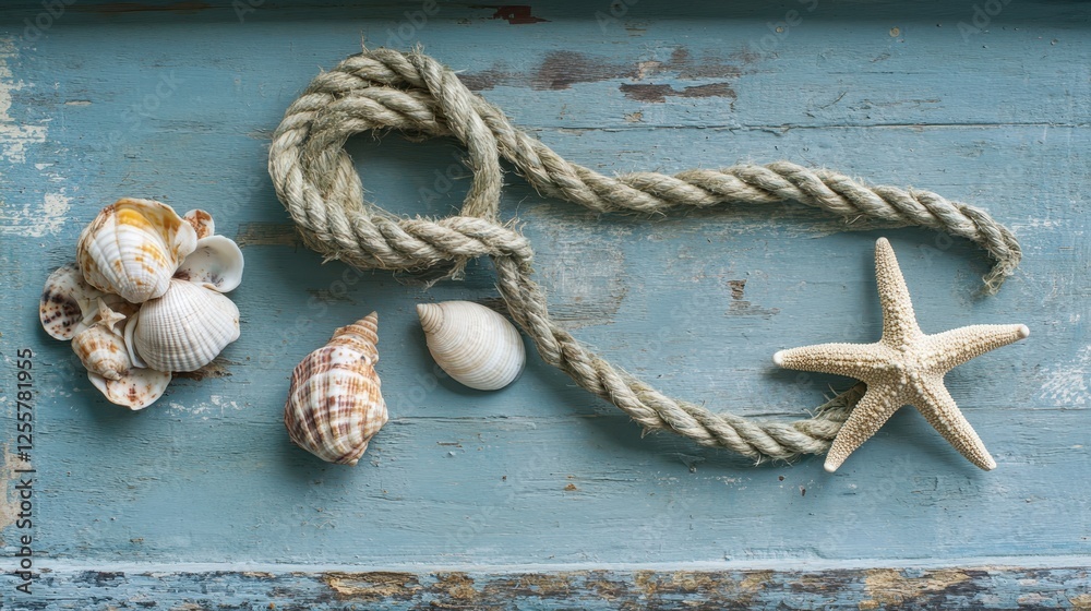 Fototapeta premium Nautical Decor with Seashells and Rope on Blue Surface
