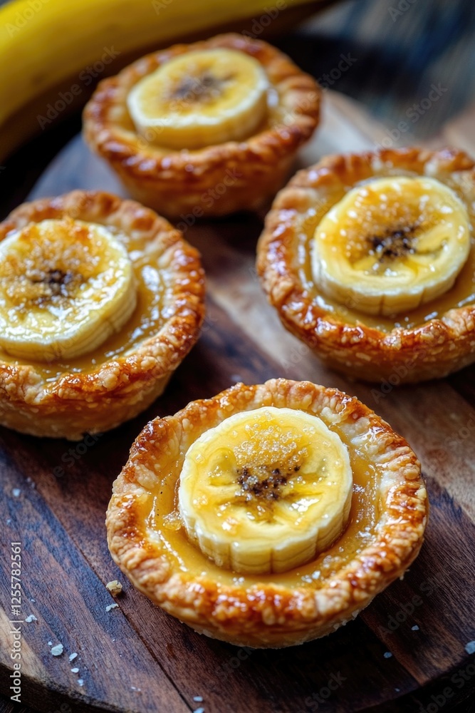 Mini banana pies on a wooden cutting board, perfect for serving or as a decorative piece