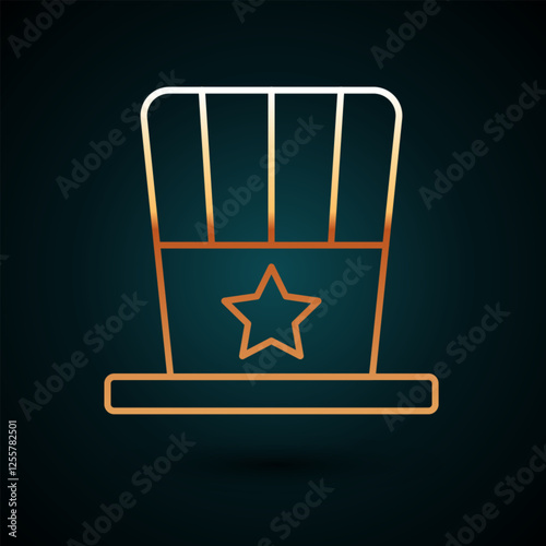 Gold line Patriotic American top hat icon isolated on dark blue background. Uncle Sam hat. American hat independence day. Vector