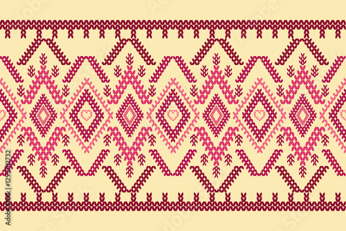 Ikat ethnic geometric abstract embroidery ornament seamless pattern. Native geometry decorative design for fabric, clothing, wallpaper, background, border, knitting