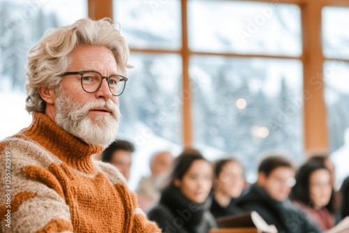 A university dean addressing faculty members at a faculty meeting