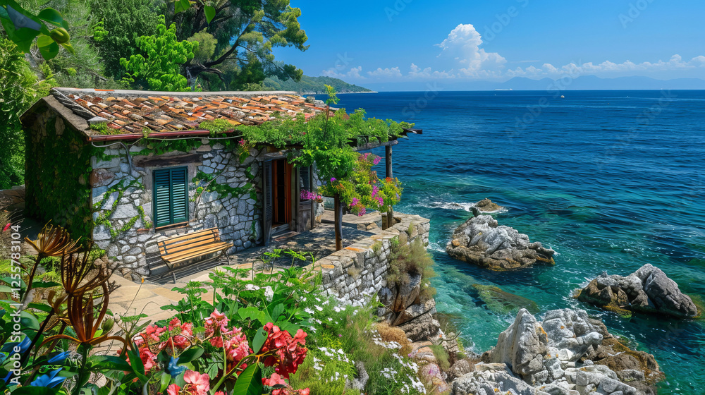 Obraz premium Idyllic Seaside Stone Cottage with Vibrant Flowers and Stunning Ocean View