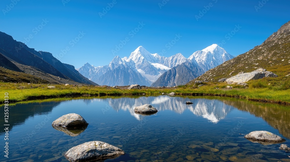 Stunning Mountain Landscape with Reflection in Calm Water Body Stunning Mountain Landscape with Reflection in Calm Water Body