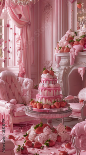 Pink Fantasy Room with Strawberries Cake and Meringues Sweet Treat Scene