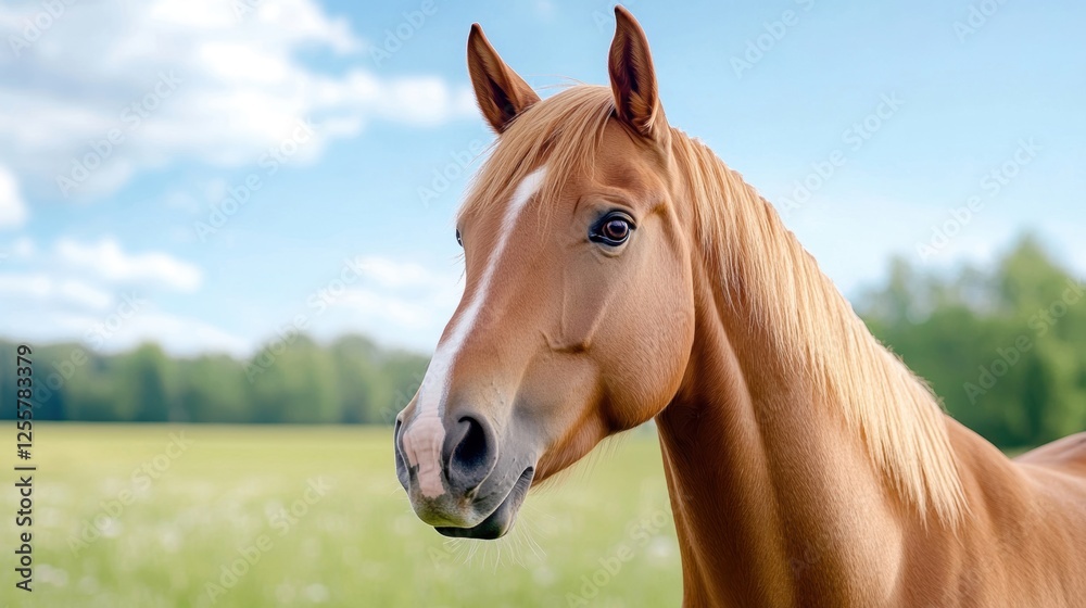 Obraz premium Beautiful horse with a shiny coat against a clear blue sky and greenery in the background.