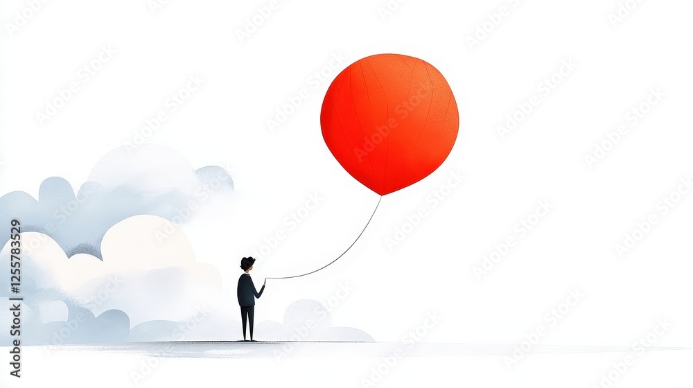 Person Holding a Bright Red Balloon in a Minimalist Sky with Soft Clouds Person Holding a Bright Red Balloon in a Minimalist Sky with Soft Clouds