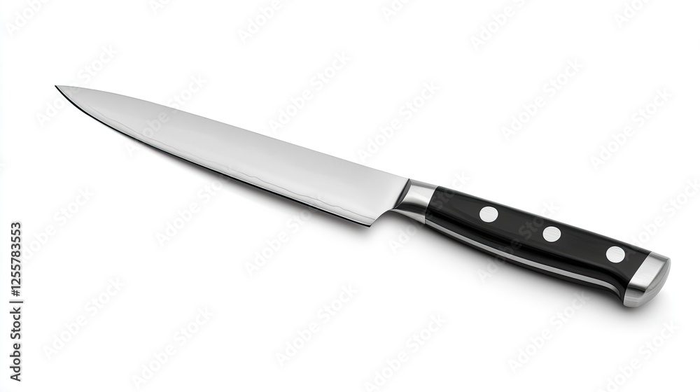 Shiny Chef's Knife with Black Handle on a Clean White Background Shiny Chef's Knife with Black Handle on a Clean White Background