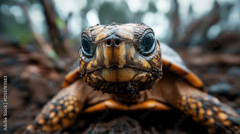 Obraz premium This close-up image captures the detailed texture and expression of a turtle, showcasing its unique characteristics and the earthy background of its environment.