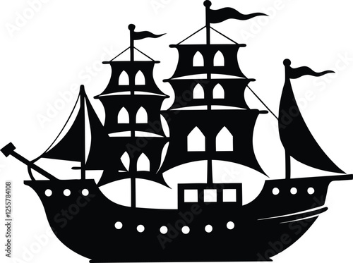 pirate ship black  silhouette,pirate ship  flat vector illustration