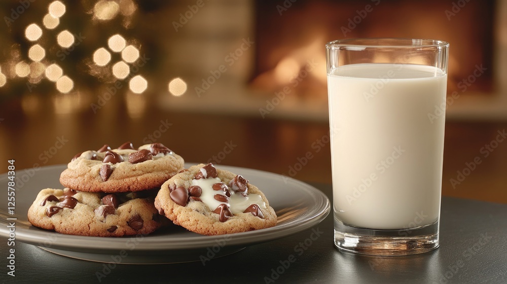 Three large chocolate chip cookies are delicately stacked on a plate, surrounded by chocolate pieces and mint leaves, with a steaming cup of coffee in the background Three large chocolate chip cookies are delicately stacked on a plate, surrounded by chocolate pieces and mint leaves, with a steaming cup of coffee in the background