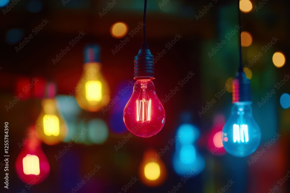 Colorful Glowing Bulbs Hanging in a Creative Space with a Blurred Background and Soft Bokeh Effect Creating a Vibrant Atmosphere for Festive Occasions