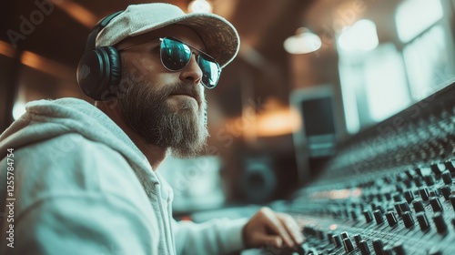 A focused bearded man, sporting sunglasses and headphones, mixes music in a professional studio setting, showcasing creativity and dedication to his art. photo