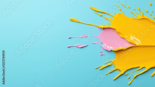Bright splashes of yellow and pink paint on a vibrant blue background, ideal for creative design projects.