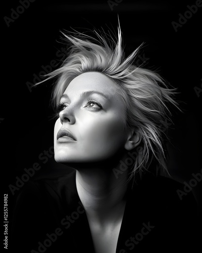 Dramatic black and white portrait of a strong defiant feminist trailblazer with a captivating gaze