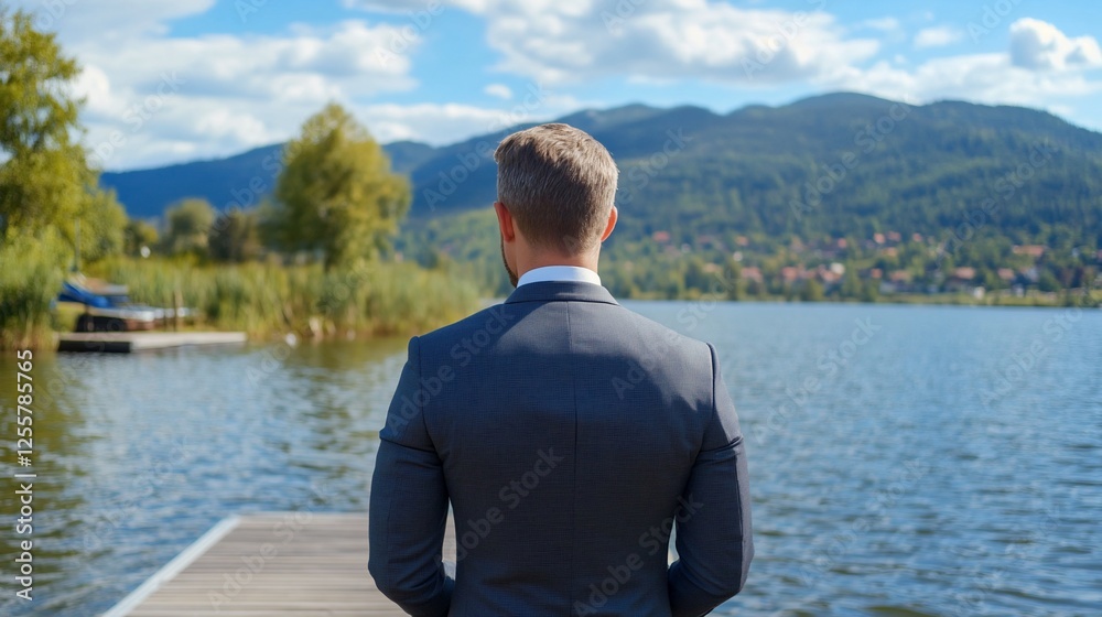 Businessman lake view contemplation success Businessman lake view contemplation success