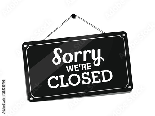 Sorry we're closed hanging sign isolated on white wall vector illustration. sorry we're closed hanging rectangle red sign with grunge texture on white background. Door sign for store, restaurant or sh