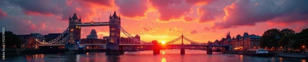 Two majestic towers framed by fiery sunset hues over the Thames, vibrant, england, scenic