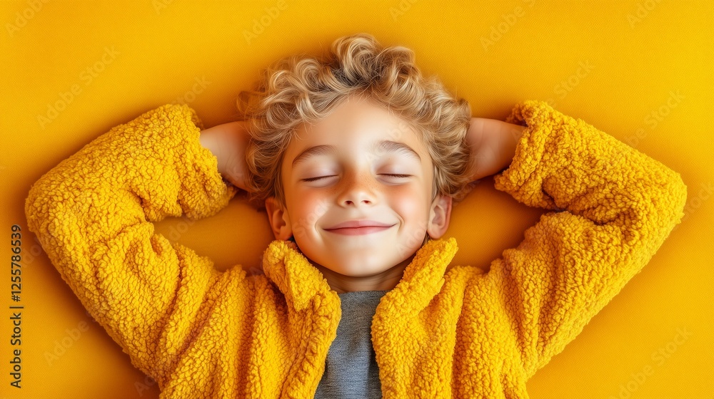 Smiling child relaxing with hands behind head on yellow background,top view Smiling child relaxing with hands behind head on yellow background,top view