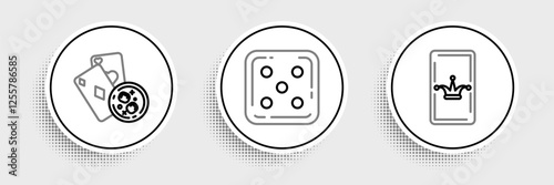 Set line Joker playing card, Playing cards and glass of whiskey with ice cubes and Game dice icon. Vector