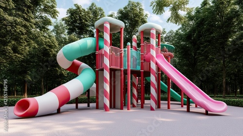 A vibrant playground featuring colorful slides and climbing structures, set in a lush green environment, perfect for children's playtime.