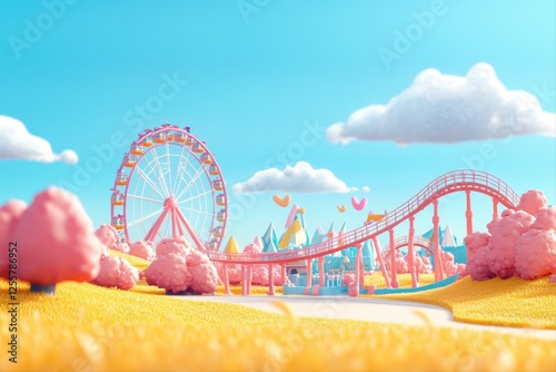 Colorful wide-angle fantasy adventure in a joyful amusement park
