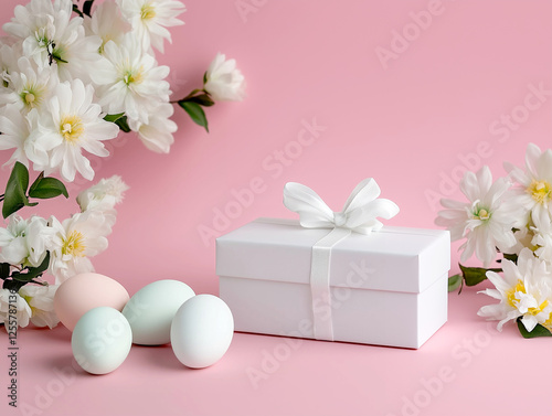 Easter eggs and gift box on pink background with flowers decoration photo