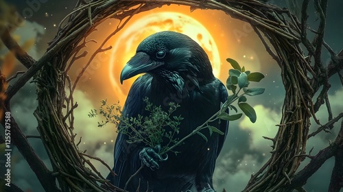 Raven perches in a nest holding greenery beneath a moon