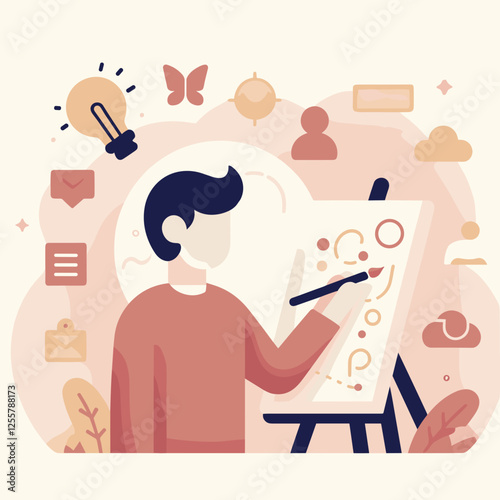 Creative person painting on canvas, inspired, surrounded by artistic elements and ideas, copy space