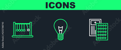 Set line Pills in blister pack, Pendulum and Light bulb with concept of idea icon. Vector