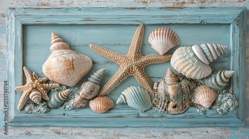 Serene Coastal Shells on Aqua Background photo