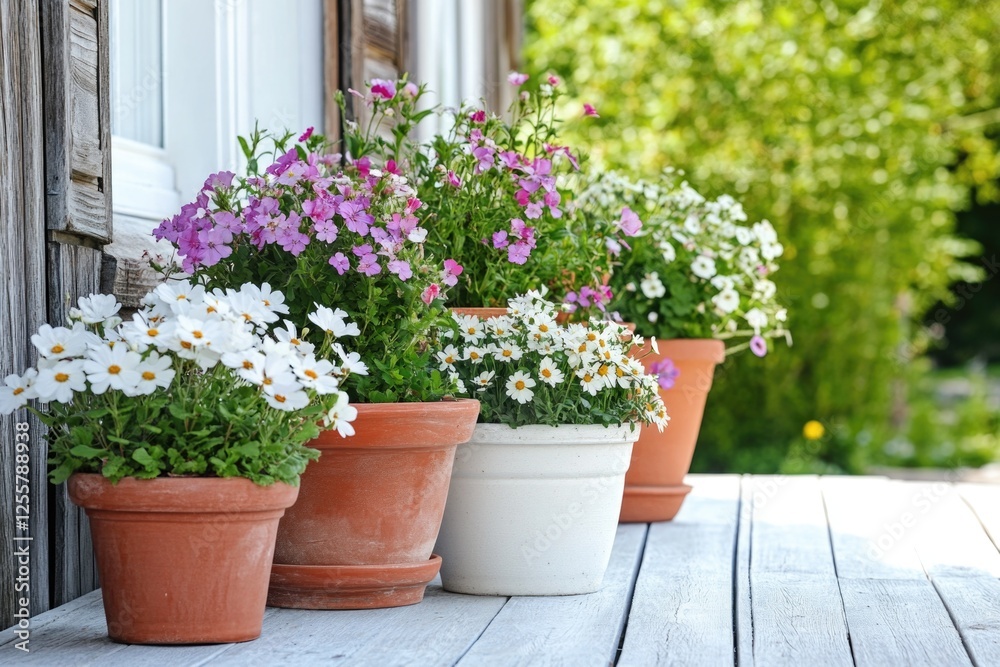 A row of flower pots sitting on a porch A row of flower pots sitting on a porch