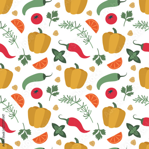 Vegetables and spices seamless pattern. Bell pepper, chili pepper, rosemary, parsley, mint, tomato in clip art style. Vector food illustration for kitchen textile, packaging, menu design, background