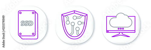 Set line Computer monitor screen, SSD card and Cyber security icon. Vector